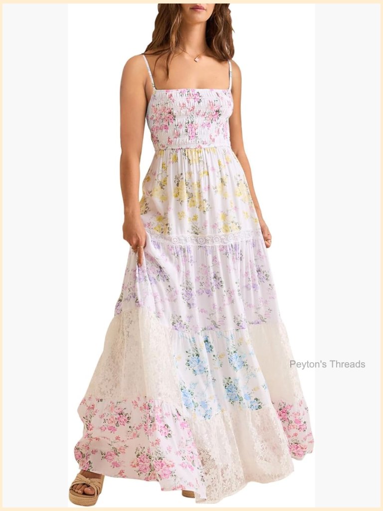 Smocked Spaghetti Strap Maxi Dress With Lace Patchwork Tiered Boho